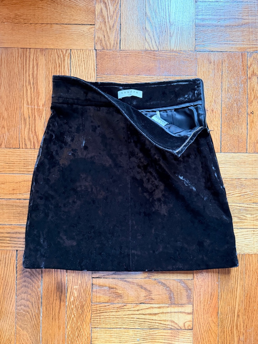 Sandro Paris Marylou Black Velvet A-Line Mini Skirt